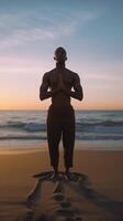 ai generativo marcial artes mestre meditando e trens durante nascer do sol às mar dentro solidão estilo de vida conceito foto