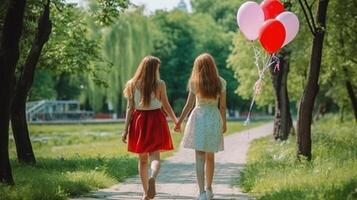 ai generativo dois meninas caminhando juntos dentro a parque fechar-se em a pés pessoas estilo de vida e natureza conceito foto