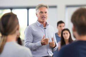 ai gerado educacional lição palestra acadêmico apresentação escola universidade Faculdade classe Sala de aula homem masculino professor Ensinar explicar tarefa para alunos Educação matemática Ciência língua estude o negócio foto