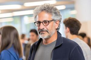 ai gerado retrato feliz sorridente homem universidade professor professor cientista Educação conhecimento. homem de negocios dentro companhia escritório empregado inovação o negócio projeto bem sucedido empreendedor CEO foto