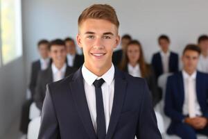 ai gerado feliz masculino aluna jovem homem cara às mesa sentar dentro classe universidade Alto escola Faculdade Sala de aula durante lição palestra Educação estudos estude Aprendendo ouvindo professor professor adolescente foto