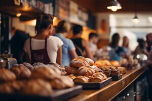 ai gerado pequeno acolhedor cafeteria café fazer compras padaria completando ordem o negócio interior ensolarado manhã luz barista ofertas barato quente saboroso cacau café com leite cappuccino americano espresso baguete pão pão foto