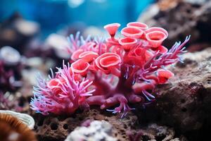 ai gerado embaixo da agua lindo colorida dançando recife anêmona grupo coral tropical animal anemonefish natureza sal água peixe tanque aquário. ecologia snorkel mergulho ecossistema de Meio Ambiente Salve  planeta foto