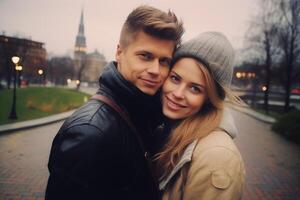 ai gerado retrato feliz romântico amoroso casal abraçando namorada namorado posando juntos olhando Câmera sorridente lado de fora cidade parque rua. encontro feriados turistas viajando viagem relação foto