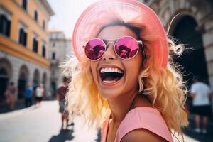 ai gerado retrato encantador animado alegre senhora sorridente rindo mulher levando na moda selfie meios de comunicação oculos de sol chapéu de sol Férias final de semana viagem Sol Tour moda viajante foto desfrutando feriados verão