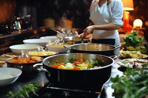 ai gerado mestre chefe de cozinha cozinhar mulher mãos precisamente cozinhando vestir preparando saboroso fresco delicioso de dar água na boca gourmet prato Comida em prato para clientes 5 estrelas Michelin restaurante cozinha detalhado foto