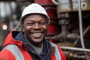 ai gerado feliz Largo sorridente rindo africano americano masculino homem profissional gasolina trabalhador protetora segurança trabalhos uniforme capacete. engenheiro capacete sorrir óleo campo industrial fábrica mineração o negócio foto