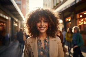 ai gerado retrato jovem alegre hispânico Largo sorridente saudável branco dentes fêmea senhora menina turista elegante roupas centro da cidade rua. à moda empresária aluna olhando Câmera positivo emoção foto