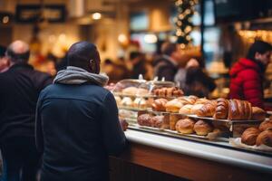 ai gerado pequeno acolhedor cafeteria café fazer compras padaria completando ordem o negócio interior ensolarado manhã luz barista ofertas barato quente saboroso cacau café com leite cappuccino americano espresso baguete pão pão foto