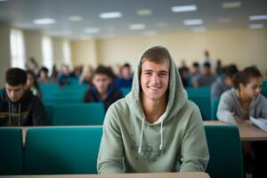 ai gerado feliz masculino aluna jovem homem cara às mesa sentar dentro classe universidade Alto escola Faculdade Sala de aula durante lição palestra Educação estudos estude Aprendendo ouvindo professor professor adolescente foto