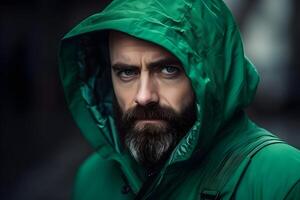 ai gerado masculino moda e beleza. retrato do uma bonito brutal homem com uma barba e verde Jaqueta com uma capuz. foto