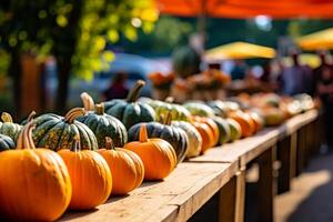 ai gerado estação outono outono colheita Tempo tradição oferta feriado muitos diversidade fresco laranja abóboras dia das Bruxas Ação de graças jardim decoração seleção colorida cabaças borrado fundo lado de fora foto