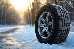 ai gerado inverno pneu coberto dentro neve Nevado estrada gelo gelado carro roda dirigir segurança seguro dirigindo transporte condição mudança veículo auto escorregadio Perigo geada proteção clima perigoso fora da estrada foto