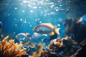 ai gerado fofa colorida grupo embaixo da agua peixe mar oceano aquário lindo tropical coral recife. oceanário animal animais selvagens marinho ecologia panorama água natureza snorkel mergulho ecossistema foto