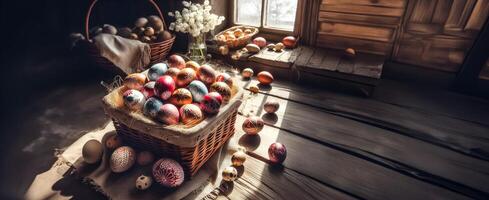 ai gerado ilustração do pintado ovos dentro uma cesta para a Primavera Páscoa feriado dentro uma casa interior, bandeira com cópia de espaço. foto
