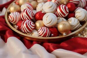 ai gerado natal feriados muitos brilhante diferente diverso Natal volta listrado redemoinho vermelho branco ouro bolas dentro tigela coleção Novo ano véspera convite cartão. festivo decorações festa advento celebração foto