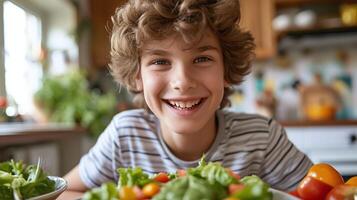 ai gerado sorridente Garoto com tigela do verdes, fresco salada saudável comendo foto