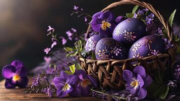 ai gerado Páscoa celebração fundo com decorado roxa ovos dentro uma vime cesta, perfeito para festivo primavera saudações. foto