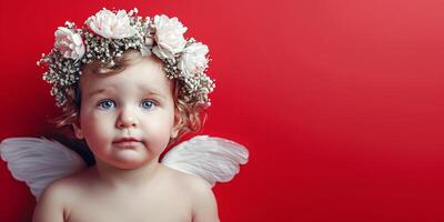 ai gerado bandeira criança pequena com anjo asas e floral arco de cabelo em vermelho, cativante criança retrato foto