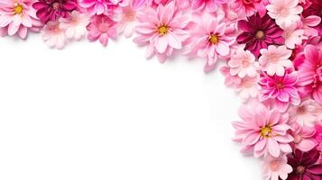 ai gerado elegante Rosa floral fronteira em branco fundo, perfeito para Casamento convites, cumprimento cartões, e com tema de primavera projetos. foto