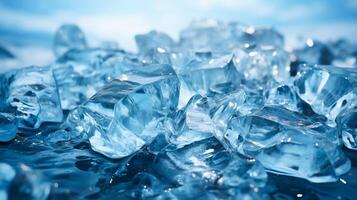 ai gerado gelo cubos fechar-se com azul matizes, Alto detalhe cristal Claro gelo em água fundo. foto