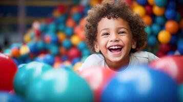 ai gerado feliz criança jogando dentro colorida bola poço, alegre criança pequena dentro interior Parque infantil, vibrante crianças atividade espaço foto