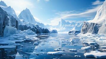 ai gerado ártico panorama com icebergs, reflexivo água, e Claro azul céu para viagem, natureza, e clima temas. foto