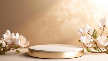 ai gerado elegante branco e ouro produtos pódio com delicado magnólia flores para Prêmio apresentação. foto