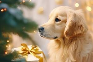 ai gerado fechar acima fofa adorável de raça pura curioso fofo dourado retriever labrador cachorro família animal cachorro cachorrinho explorando Novo ano presente caixa presente Natal árvore natal feriados festivo decorações foto