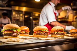 ai gerado velozes Comida ordem preparação chefe de cozinha hambúrgueres cozinhando carne bife refeição restaurante interior serviço empregados trabalhando Hamburger Hamburguer de queijo almoço carne pães pão fritar cantina cafeteria forno foto