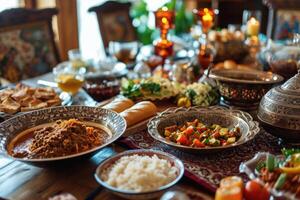ai gerado Ramadã kareem iftar festa mesa com sortido festivo tradicional árabe pratos foto