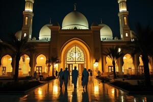 ai gerado pessoas dentro uma mesquita às a noite com generativo ai foto