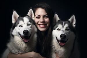 ai gerado jovem mulher rindo com dois huskies cachorros com generativo ai foto