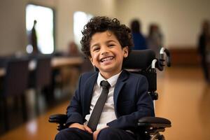 ai gerado jovem Desativado Garoto sentado em cadeira de rodas às escola sorridente bokeh estilo fundo com generativo ai foto