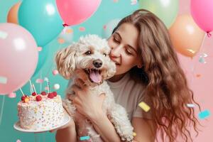 ai gerado uma mulher a comemorar dela cachorro aniversário com generativo ai foto