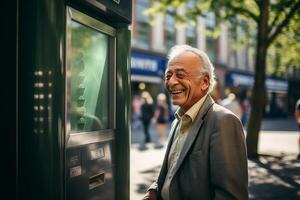 ai gerado a velho homem usando a atm máquina com generativo ai foto