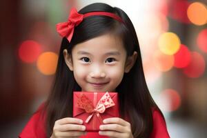 ai gerado chinês jovem menina vestindo qipao vestir e segurando aungpao bokeh estilo fundo com generativo ai foto