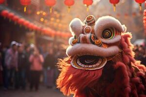 ai gerado colorida chinês Dragão dança traje dentro a Cidade bokeh estilo fundo com generativo ai foto