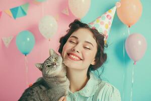 ai gerado uma mulher a comemorar dela gato aniversário com generativo ai foto