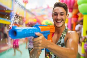 ai gerado uma homem jogando água arma de fogo às songkran dia com generativo ai foto