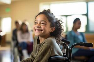 ai gerado jovem Desativado menina sentado em cadeira de rodas às escola sorridente bokeh estilo fundo com generativo ai foto