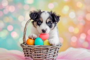 ai gerado uma fofa cachorro com colorida pastel Páscoa ovos cesta bokeh estilo fundo com generativo ai foto