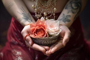ai gerado fechar acima do indiano menina mão segurando flor com generativo ai foto