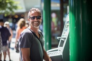 ai gerado uma meio era homem usando a atm máquina bokeh estilo fundo com generativo ai foto