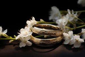 ai gerado fechar acima do dois ouro Casamento argolas e flores por aí bokeh estilo fundo com gerado ai foto