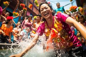ai gerado tailandês mulher jogando água dentro songkran festival bokeh estilo fundo com generativo ai foto