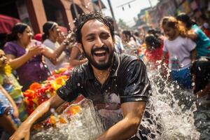 ai gerado tailandês homem jogando água dentro songkran festival bokeh estilo fundo com generativo ai foto