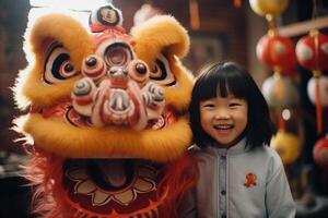 ai gerado chinês Dragão dança com jovem menina criança bokeh estilo fundo com generativo ai foto