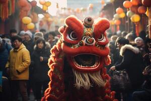 ai gerado colorida chinês Dragão dança traje dentro a Cidade bokeh estilo fundo com generativo ai foto