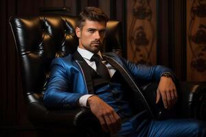 ai gerado homem de negocios modelo vestindo azul terno sentado em a cadeira com gerado ai foto